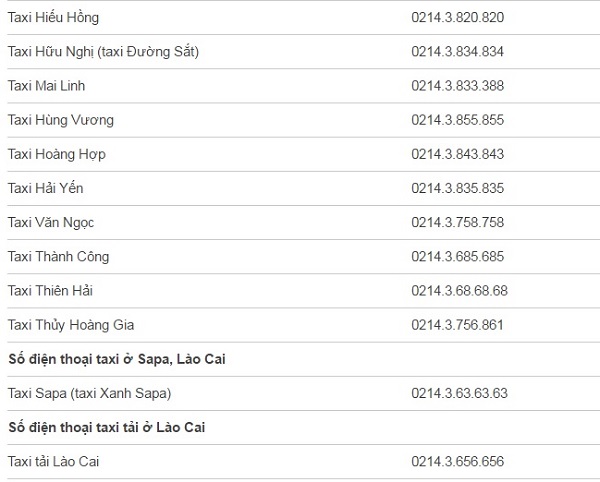 số điện thoại taxi tại sapa